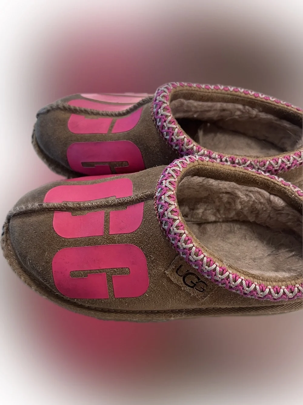 UGG Kids Brown Suede Slippers with Pink Logo